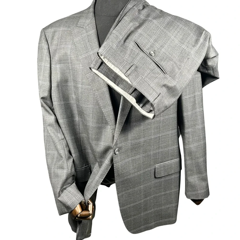 J. Hilburn 2 Piece Suit Mens 49 Grey Windowpane Vitale Barberis Canonico Wool